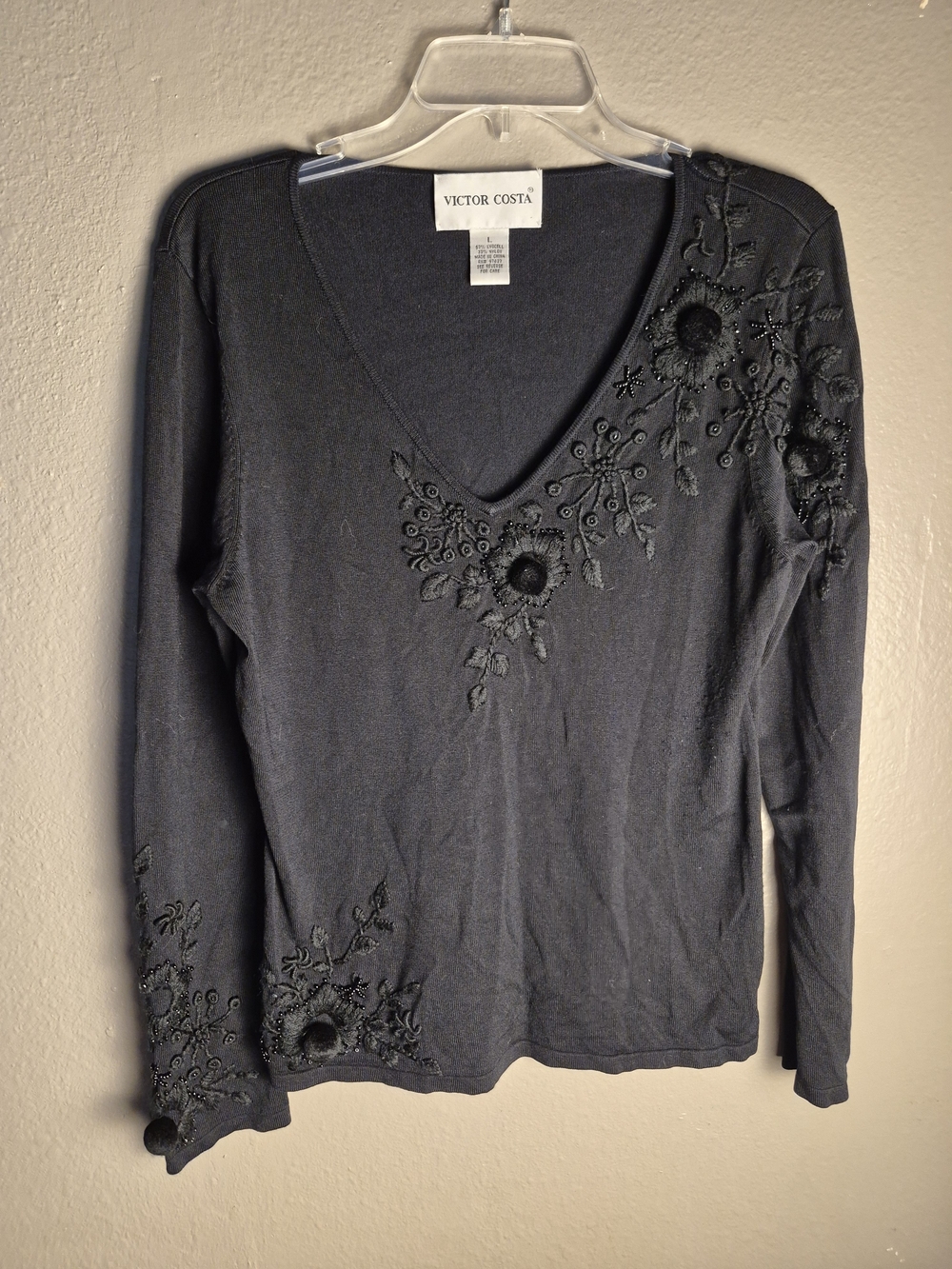 Victor Costa Black V-Neck Long-Sleeve Top with Floral Bead Embroidery